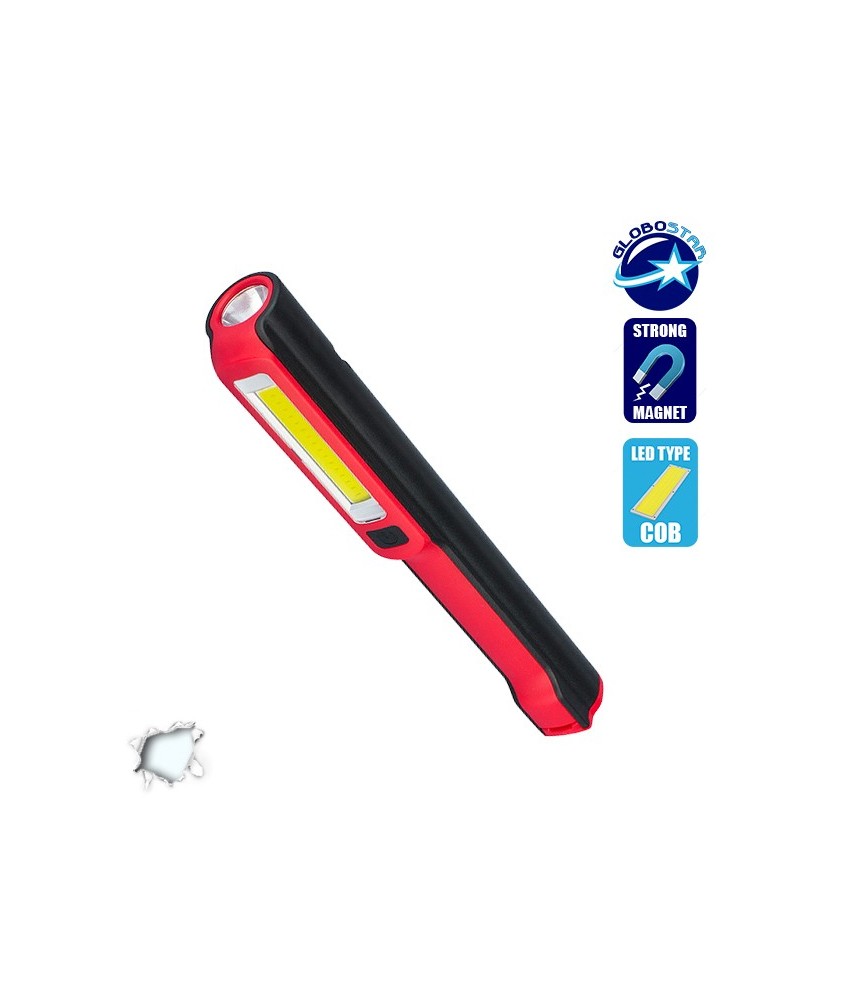 Φορητός Φακός PEN COB LED Κόκκινο Χρώμα GloboStar 07007